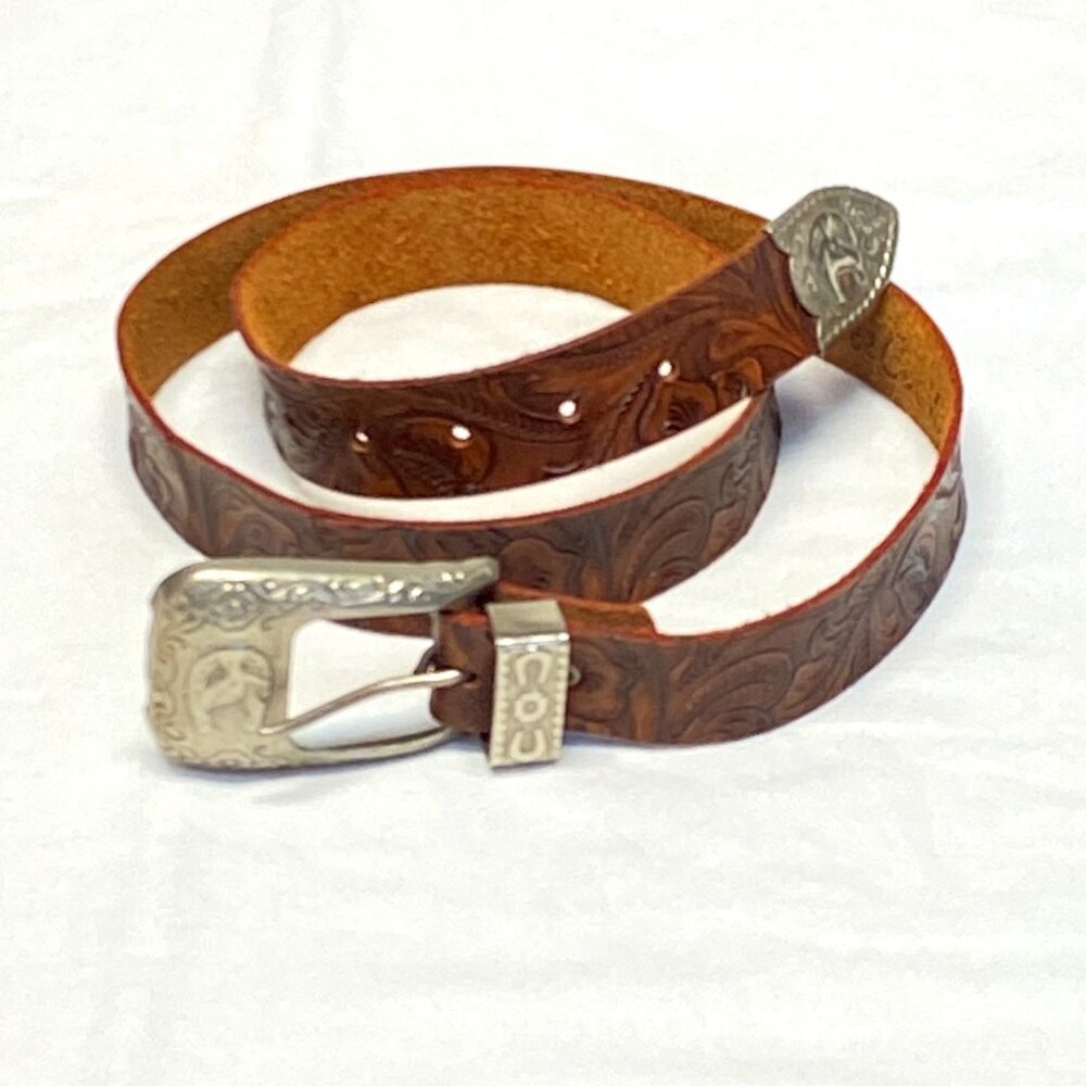 C&cK Narrow Tooled Leather Ornate Silver Equine Buckle & Loop Belt Brown Western